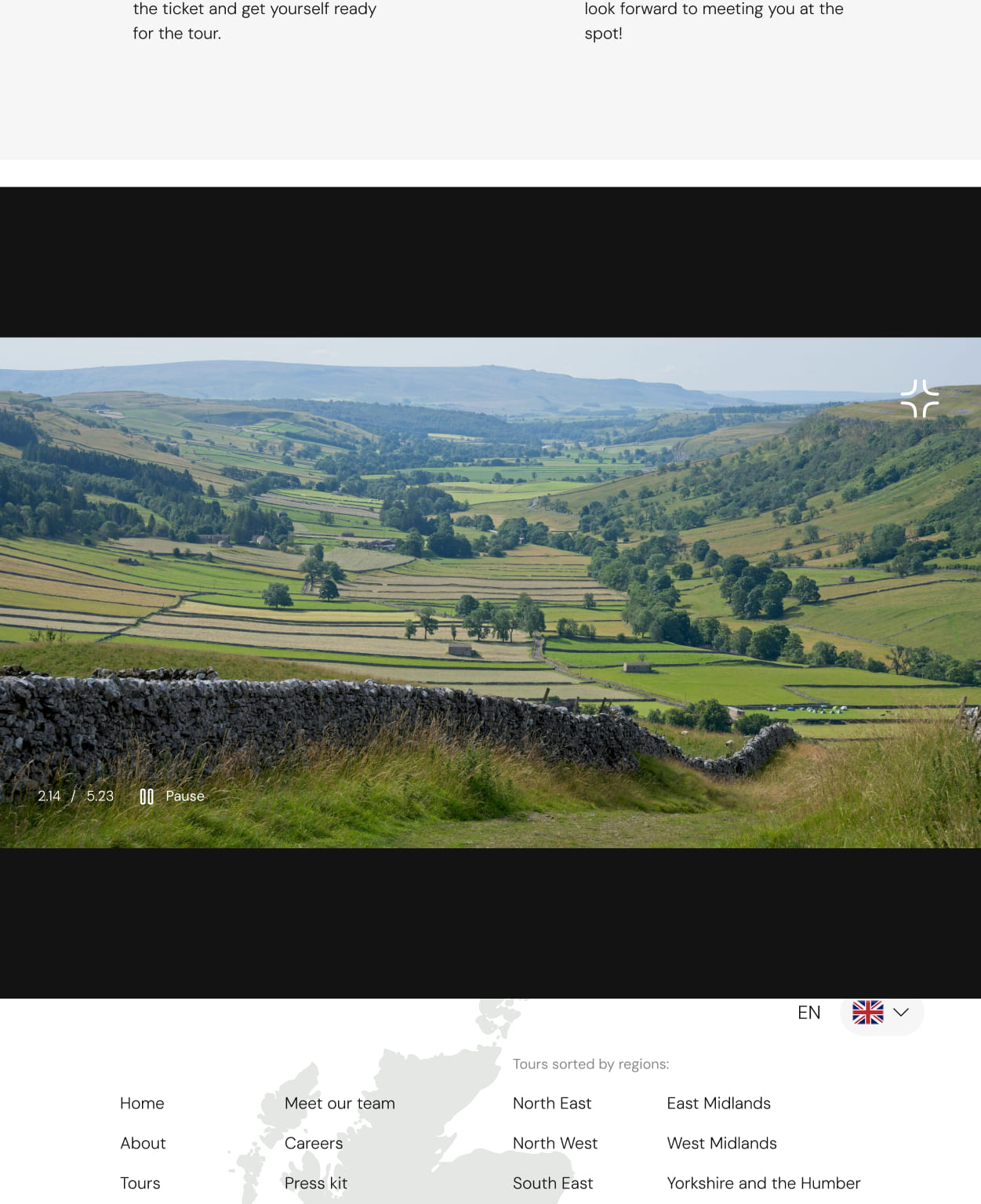 Homepage of a tour service site featuring hiking trails in England - video presentation section, tablet breakpoint. The video is being played, the player view is expanded to cover up most of the screen.